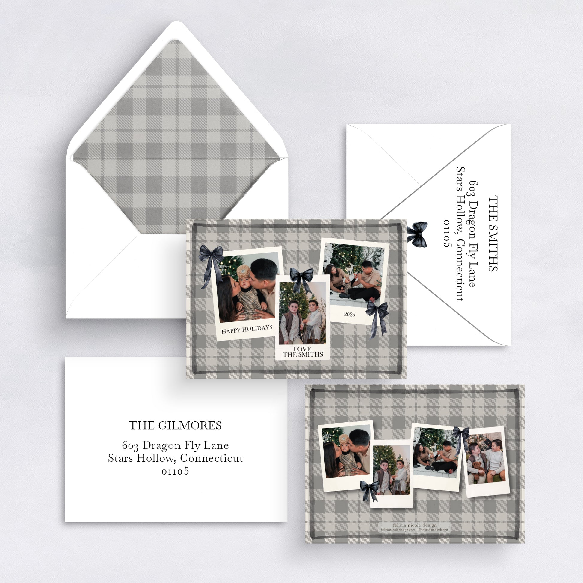 Gray plaid personalized Christmas card with multiple family photos and matching envelope liner.