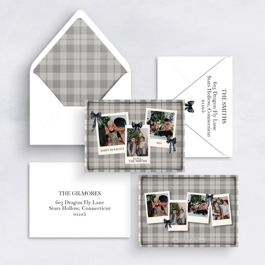 Gray plaid personalized Christmas card with multiple family photos and matching envelope liner.