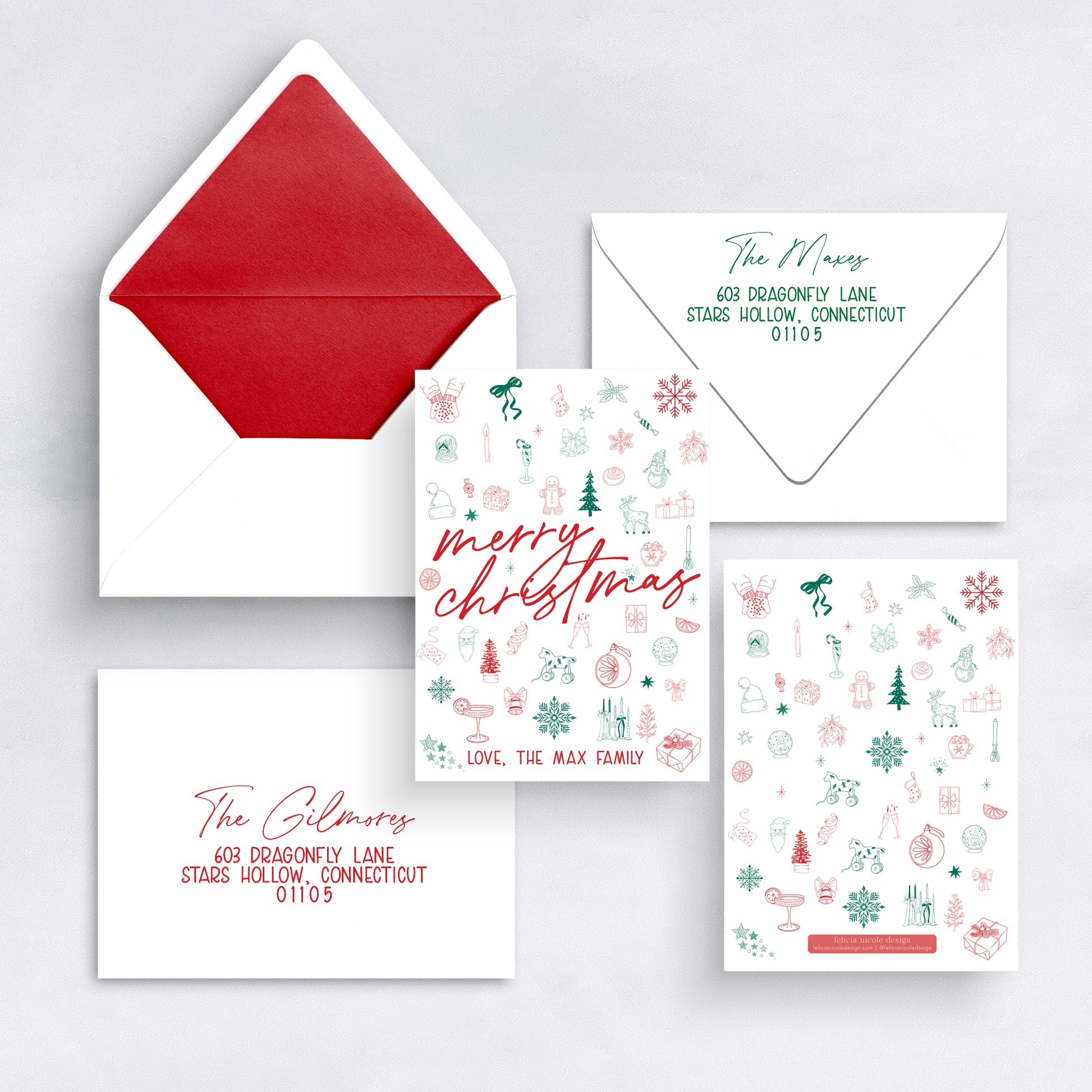 Modern red and green icon Christmas card with family name and illustrated holiday motifs.