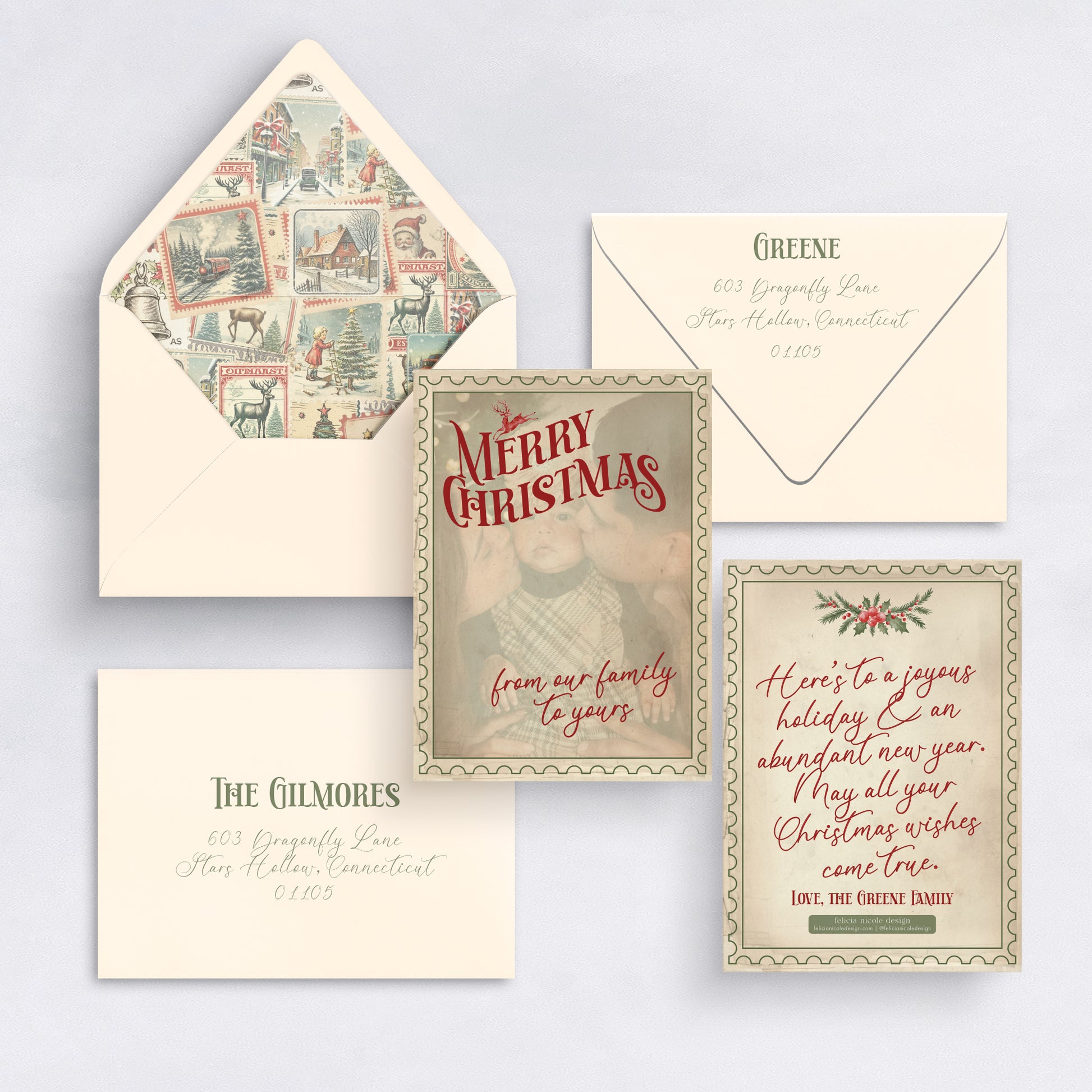 Vintage postage Christmas card with classic typography, muted tones, and personalized family photo.