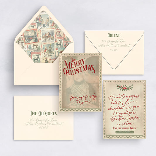 Vintage postage Christmas card with classic typography, muted tones, and personalized family photo.