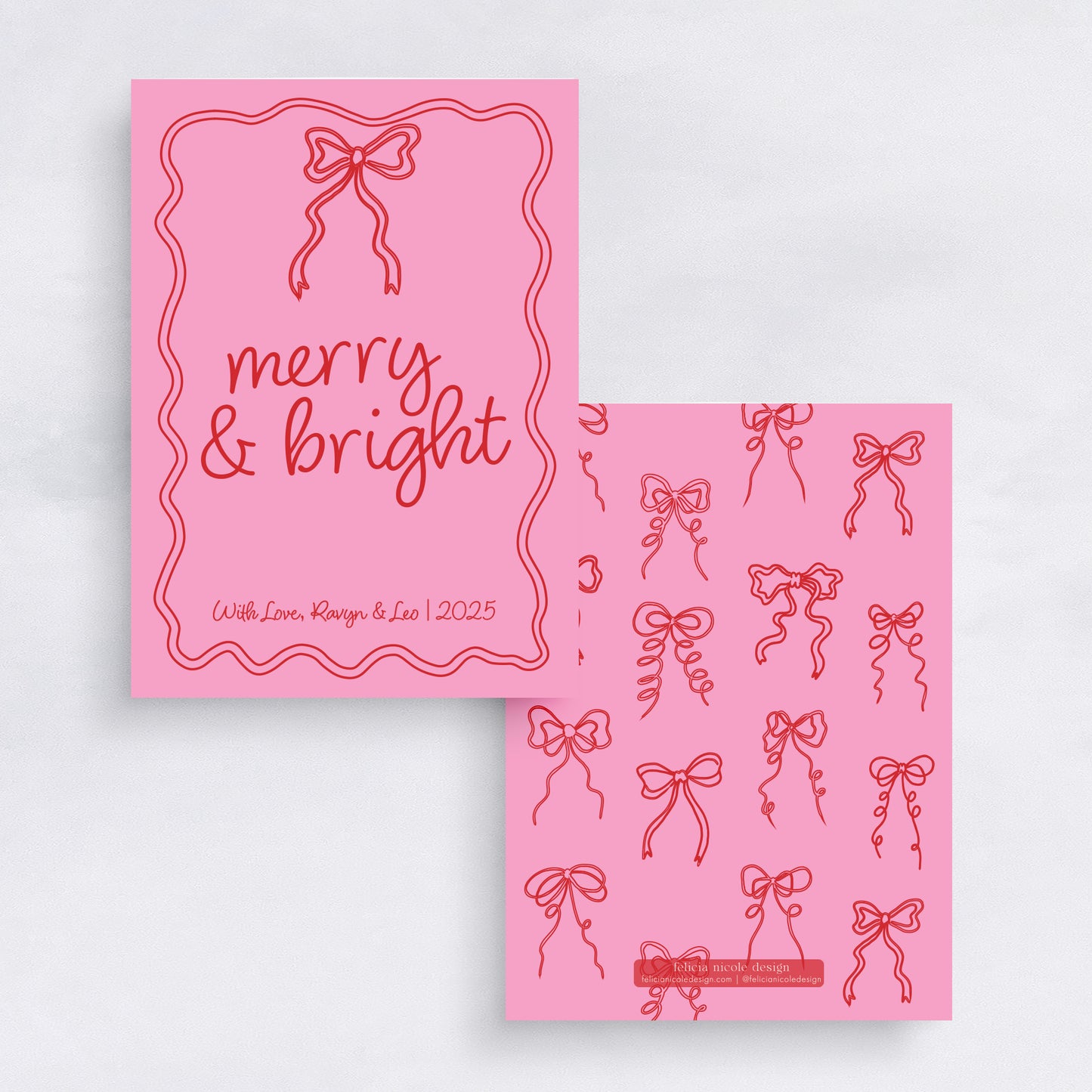 Pink Merry & Bright Christmas Card | Modern Bow Holiday Card