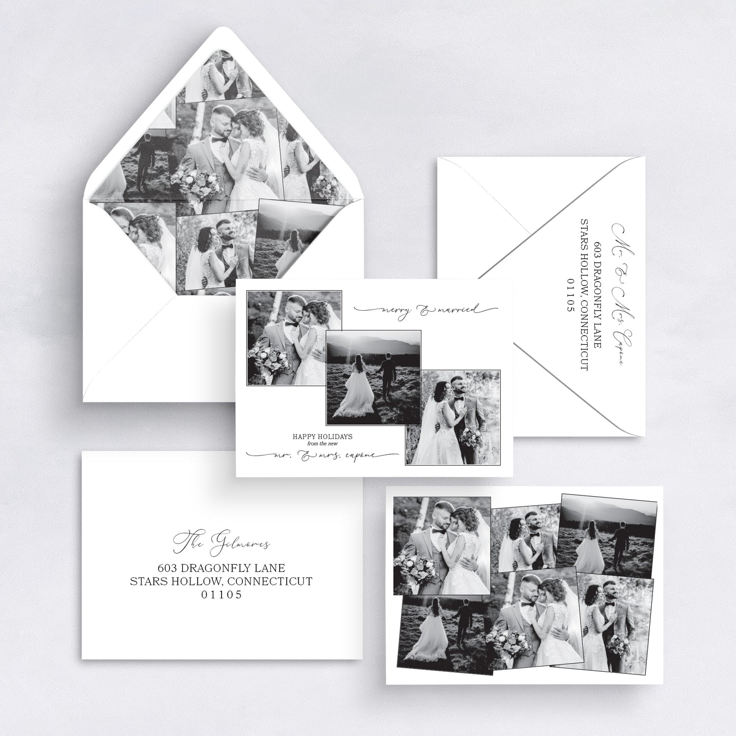 Black and white Merry & Married photo collage Christmas card with wedding photos and matching liner.