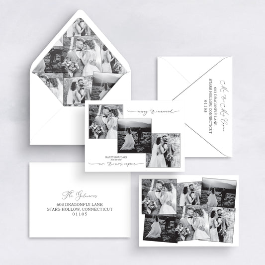 Black and white Merry & Married photo collage Christmas card with wedding photos and matching liner.