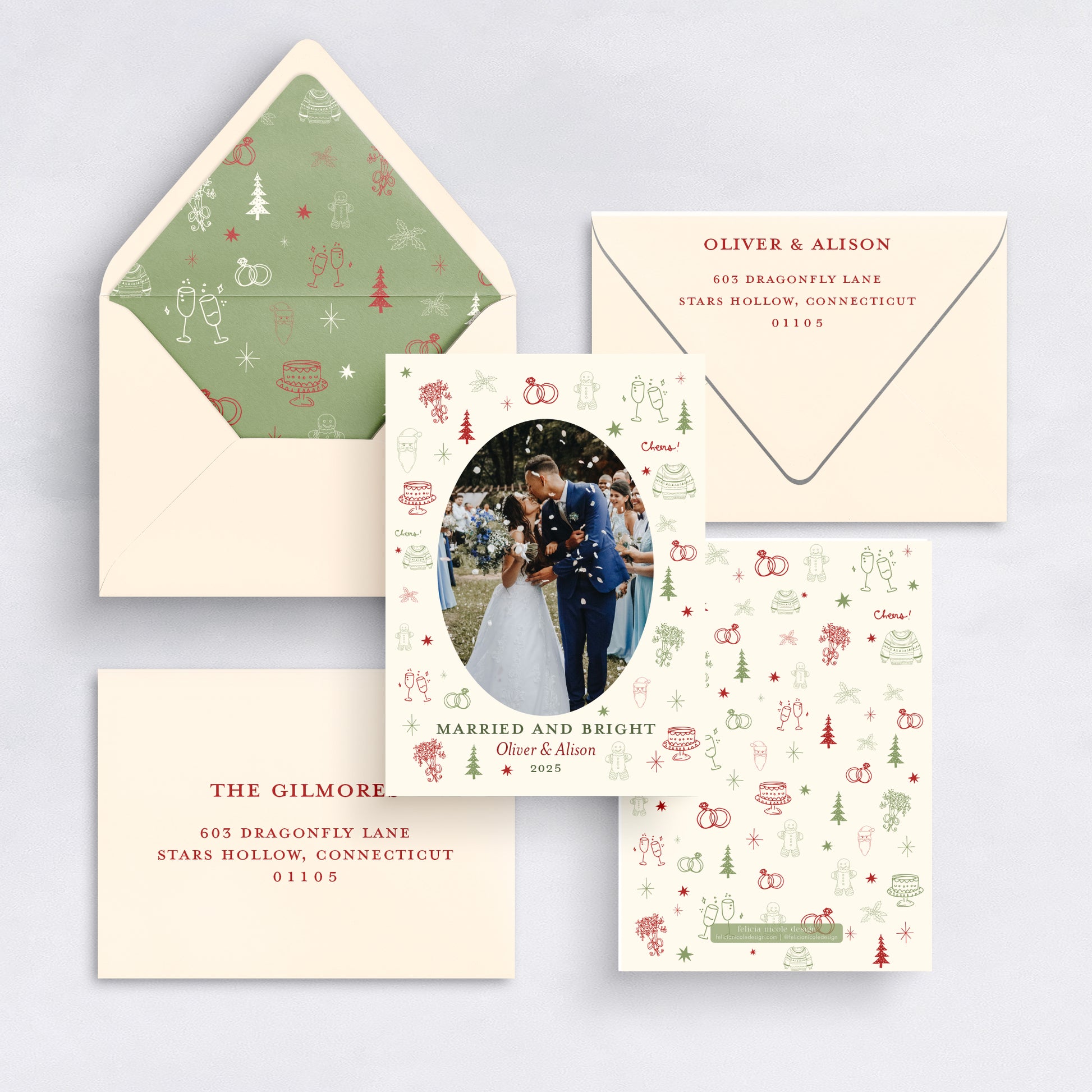Personalized Married & Bright Christmas card with wedding photo and holiday illustrations on cream background.