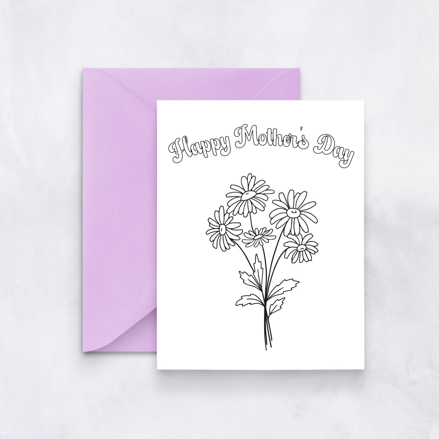 White greeting card with outlined daisies and text reading “Happy Mother’s Day,” styled with a lavender envelope.