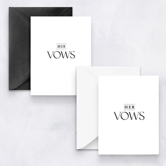 Two minimalist wedding vow cards labeled “His Vows” and “Her Vows” with black and white envelopes on a light marble background.